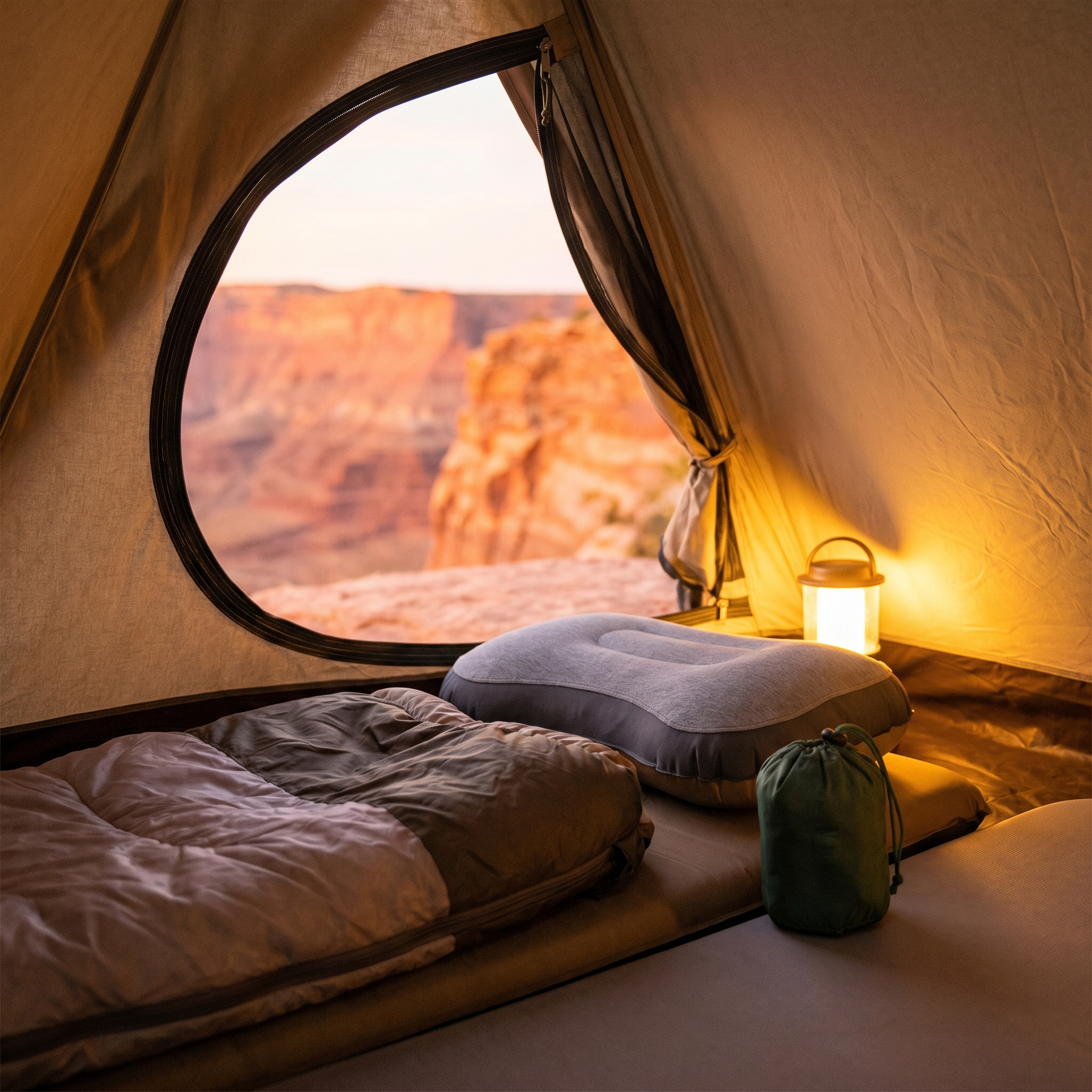 Ultralight inflatable camp pillow on a sleeping bag inside a tent at dusk