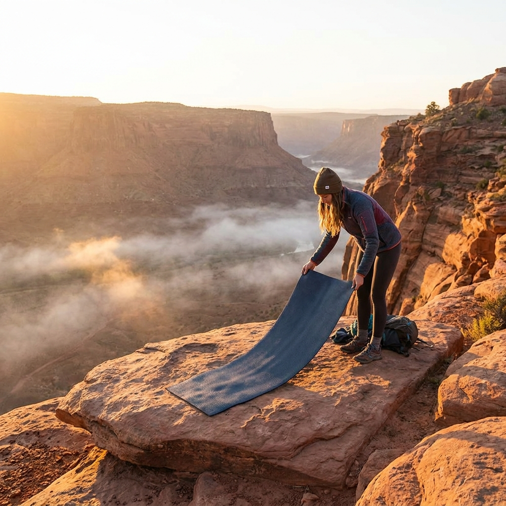 CushionPro Yoga Mat on red rock canyon overlook at sunrise