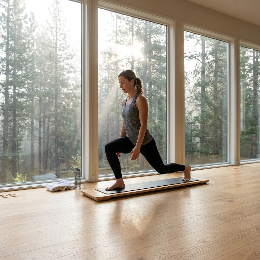 Pilates Sliding Board workout with forest view